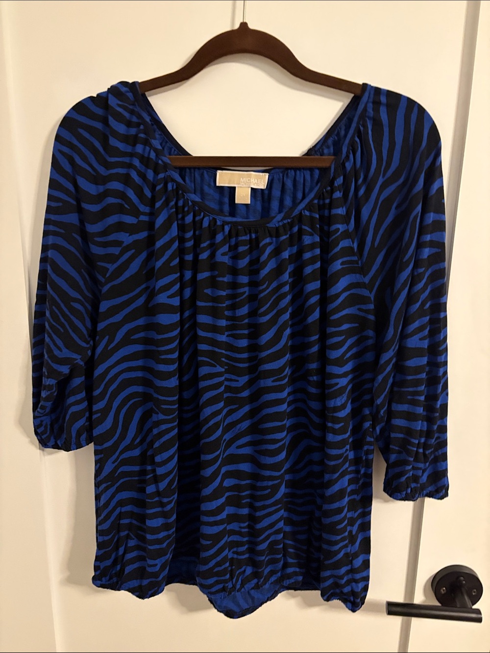 Michael Kors Royal Blue and Black Zebra-Stripe Peasant Blouse. 2X women’s plus.